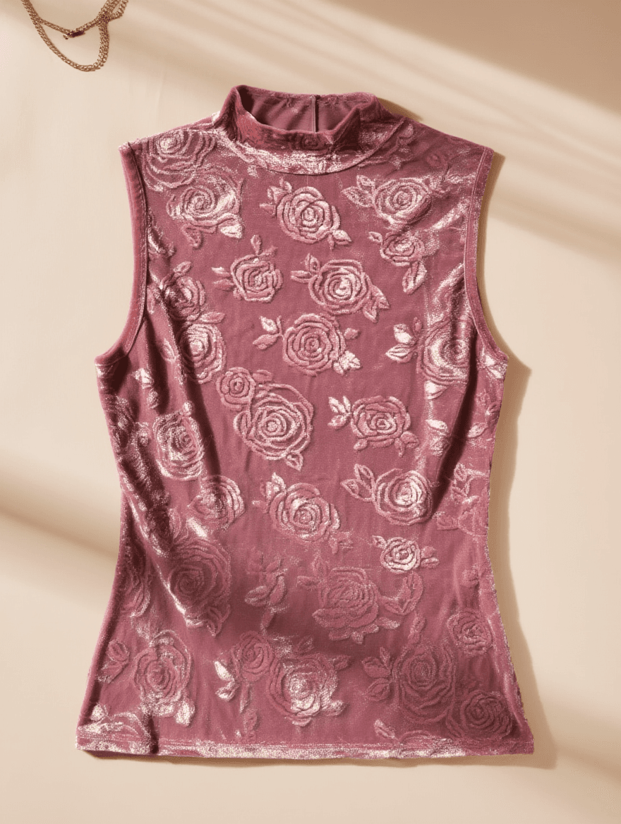 Top de Terciopelo Rosa con Patrón de Rosas