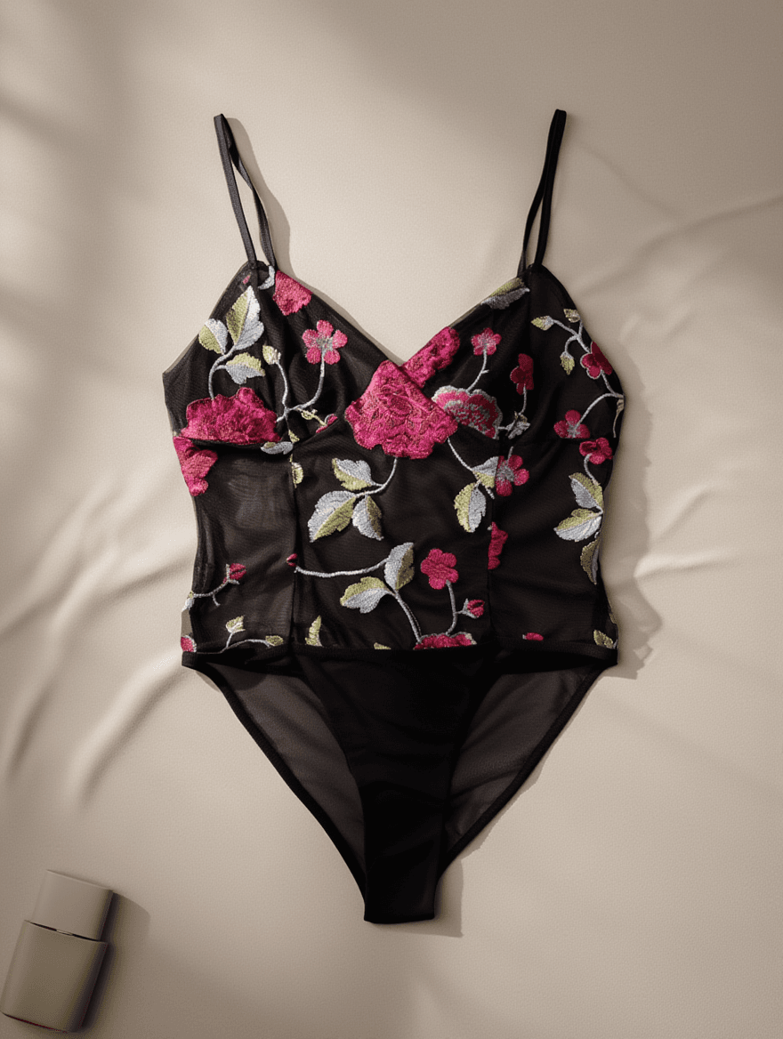 Body Negro con Bordado Floral