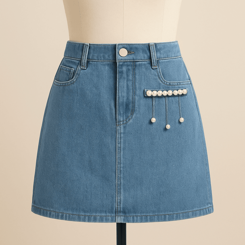 Falda de Mezclilla Azul con Perlas Colgantes