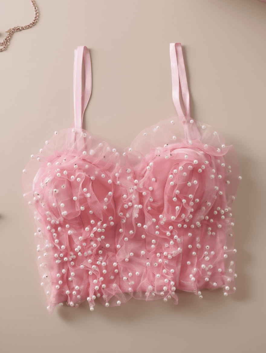 Bustier Rosa con Tirantes de Perlas